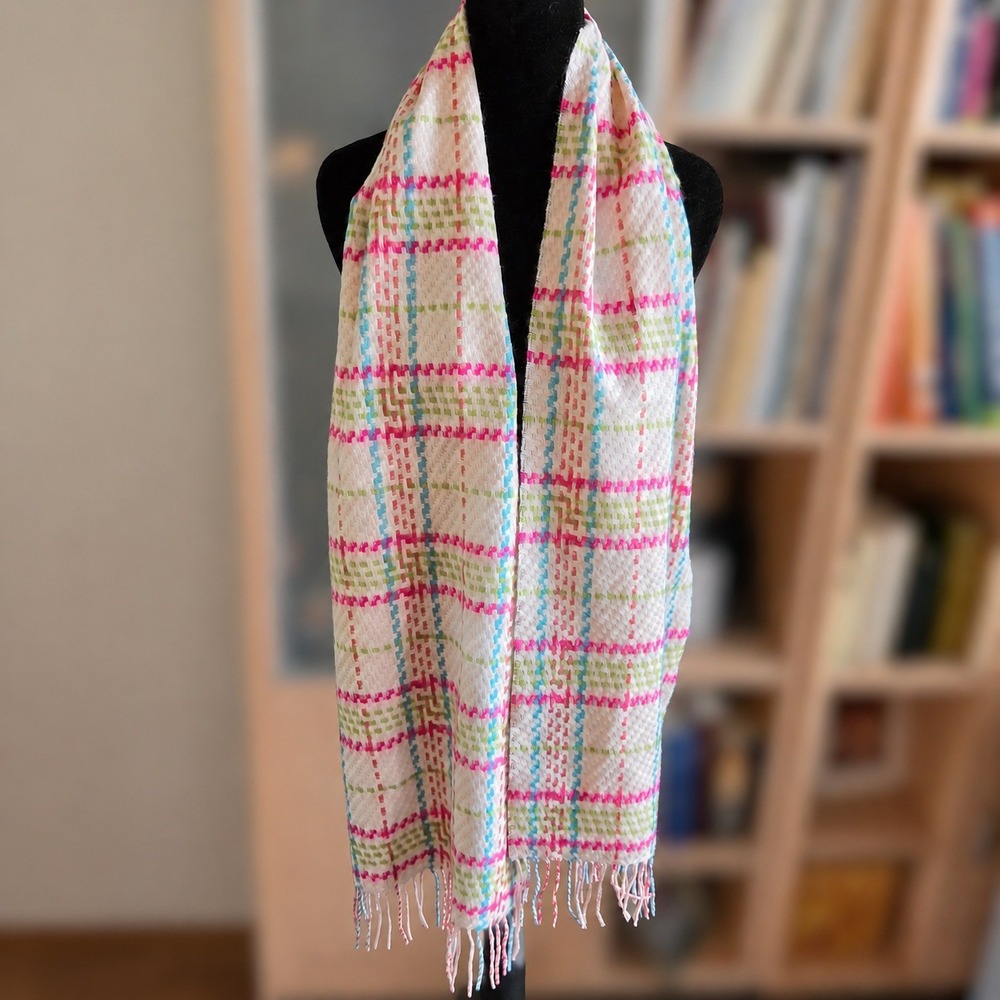 D&Y Softer Than Cashmere Plaid Scarf Pink Blue Green Fringe 64x12